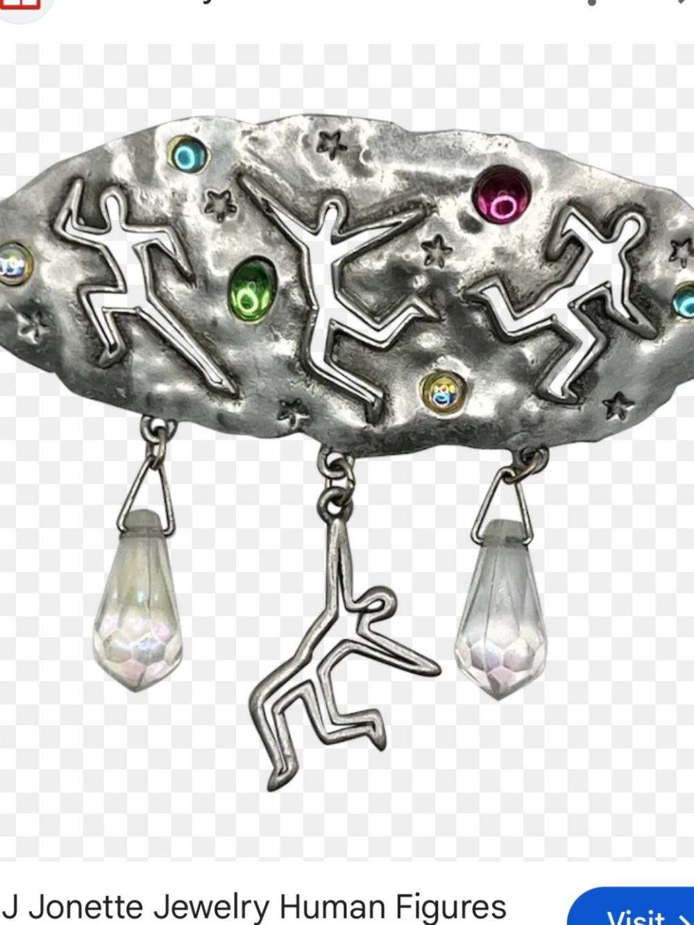 Silver-Tone Dancing Figures Brooch with Iridescent Drops and Multicolor Accents